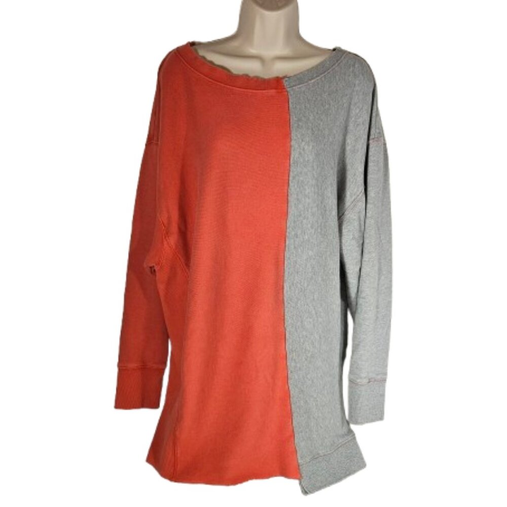 Free People Gray Orange Poppy Combo Colorblock Sweatshirt Women's Size Medium